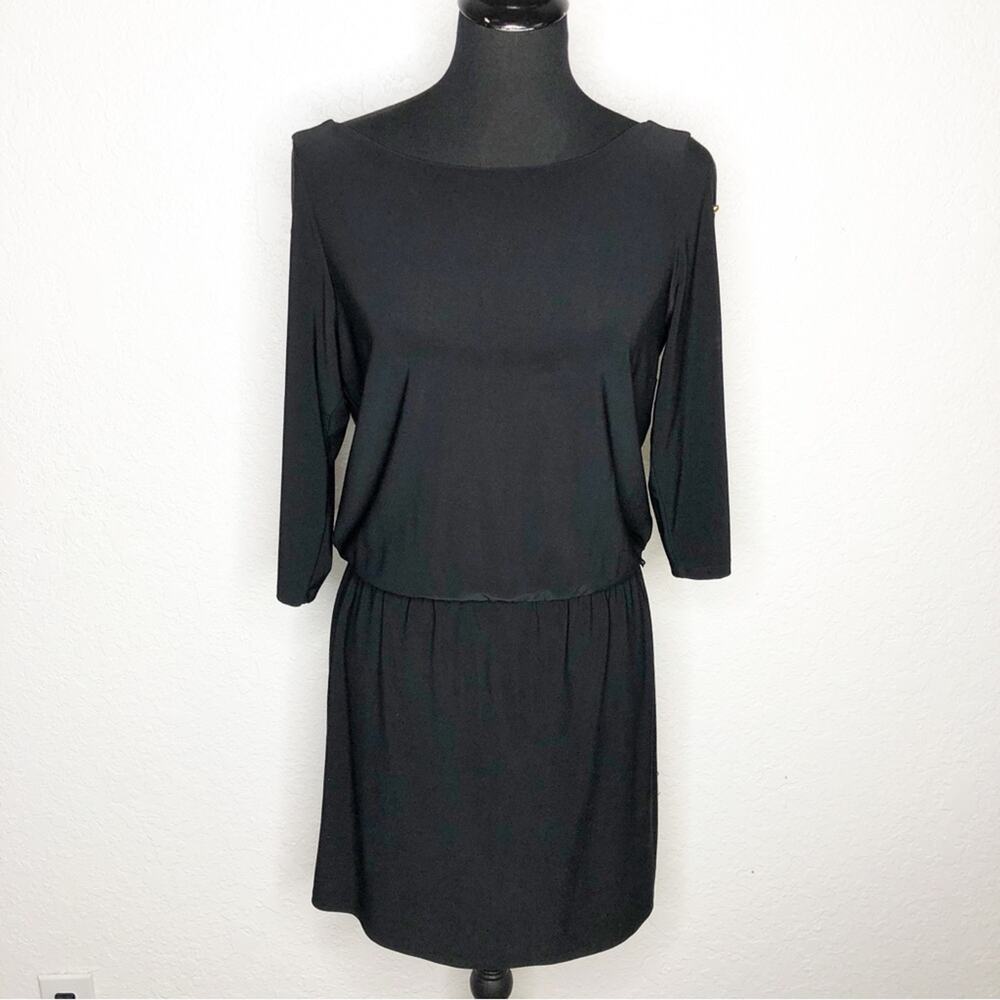 WHBM black gold button sleeve blouson dress size Small
